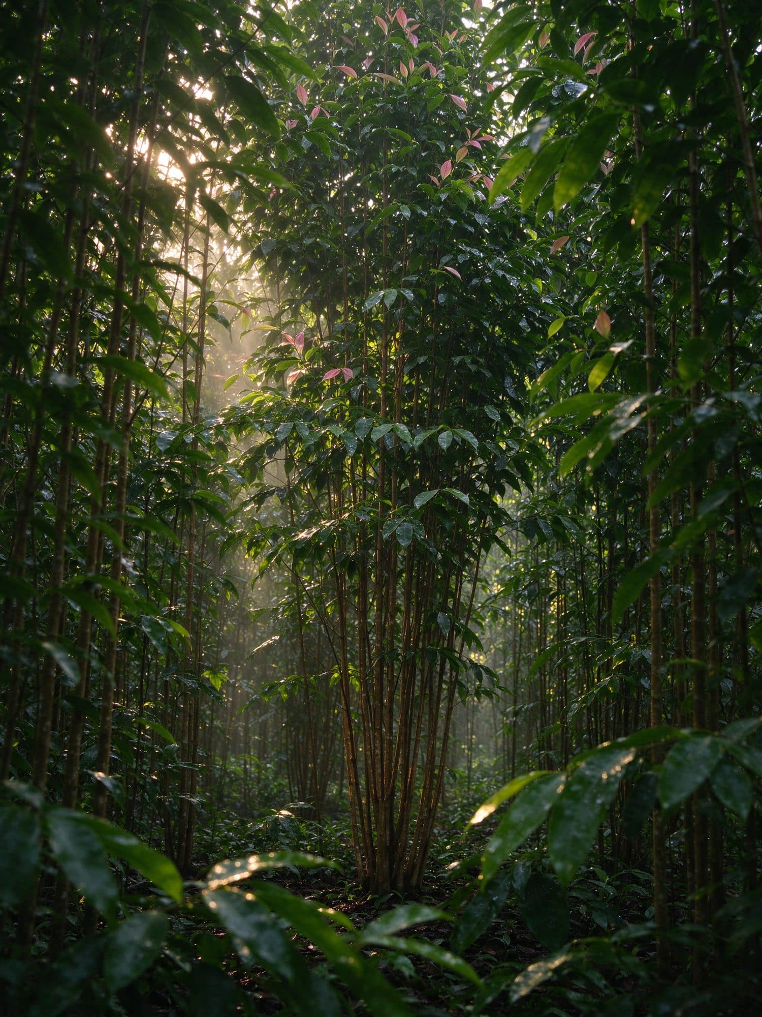 Warm sunlight filtering through a Sri Lankan cinnamon plantation